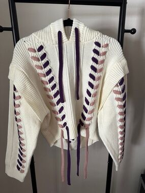 Herve Leger Ivory Hoodie Sweater with Purple and Blush Lacing